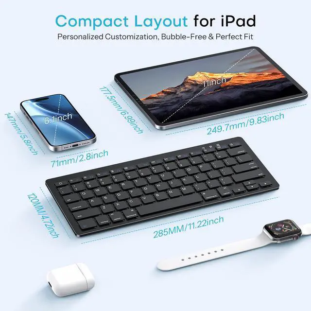 Alt view image 6 of 7 - Rechargeable Compact Bluetooth Keyboard for iPad, Adjustable Stand, Key Stickers, Slim Portable Wireless Keyboard for iPhone and iPad Pro/Air/Mini, Ideal for Study, Travel and Office, Black