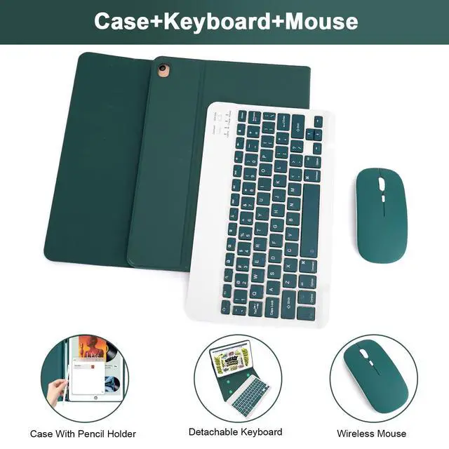 Alt view image 3 of 7 - Wireless Keyboard Case with Mouse for iPad 10.2" 9th 8th 7th Generation, Detachable Bluetooth Keyboard with Pencil Holder for iPad 10.2 Inch/iPad Air 10.5"(3rd Gen)/iPad Pro 10.5 in, Dark Green