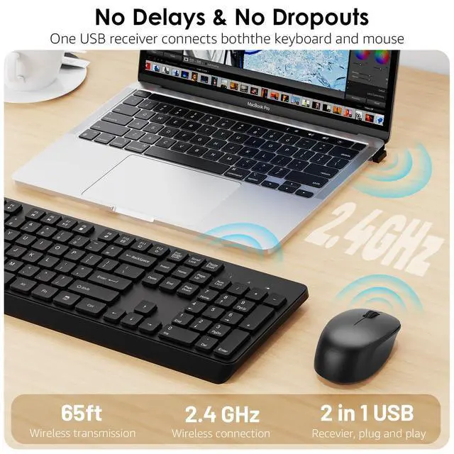 Alt view image 2 of 7 - BKA BYA Wireless Keyboard and Mouse Combo,Full Size Quiet Bluetooth Keyboard and Mouse, 2.4GHz USB Receiver, Cordless Silent Keyboard and Mouse for PC, Windows, MAC, Laptop, Black