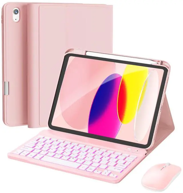 Main image of for iPad 11th (A16, 2025) / 10th Generation Case with Keyboard, Mouse and Detachable Wireless Keyboard, 7-Color Backlight, Slim Case with Pencil Holder, Light Pink