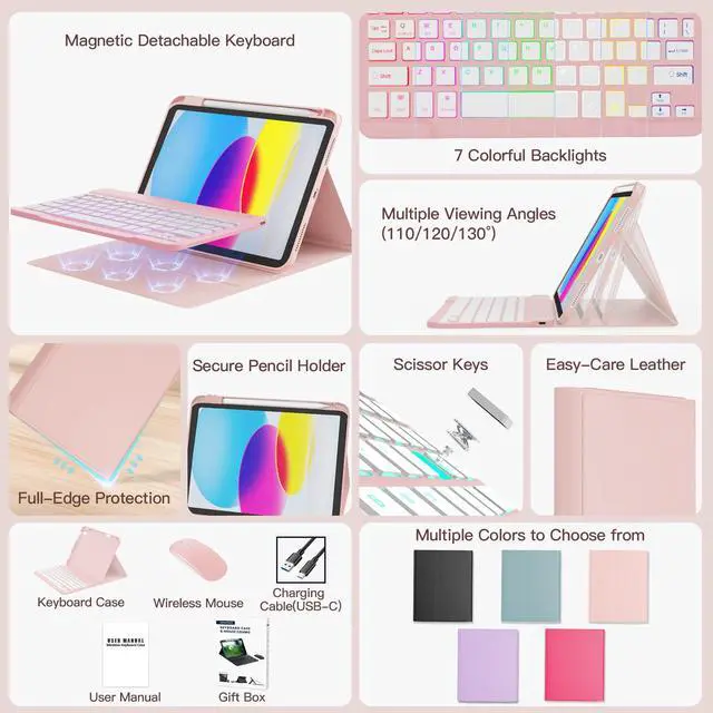 Alt view image 3 of 7 - for iPad 11th (A16, 2025) / 10th Generation Case with Keyboard, Mouse and Detachable Wireless Keyboard, 7-Color Backlight, Slim Case with Pencil Holder, Light Pink