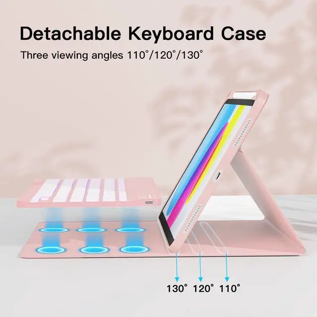 Alt view image 5 of 7 - for iPad 11th (A16, 2025) / 10th Generation Case with Keyboard, Mouse and Detachable Wireless Keyboard, 7-Color Backlight, Slim Case with Pencil Holder, Light Pink