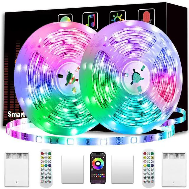 Main image of Battery Powered Led Strip Lights 33ft, 2x16.4ft USB/Battery Operated RGB LED Lights Birthday Christmas Gift with Remote for TV Backlight, Bedroom, Camping