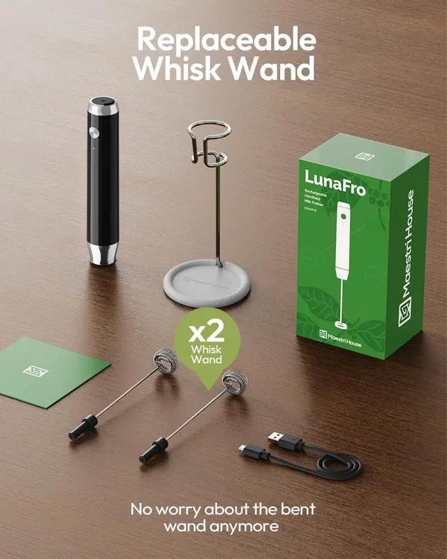 Alt view image 6 of 7 - Rechargeable Milk Frother with Stand, LunaFro Handheld Electric Foam Maker Waterproof Detachable Stainless Steel Whisk Drink Mixer Foamer for Lattes, Cappuccino