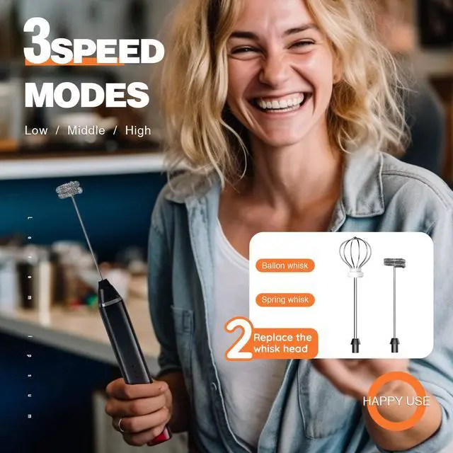 Alt view image 2 of 5 - Milk Frother Rechargeable Handheld Electric Whisk Coffee Frother Mixer with 3 Stainless whisks 3 Speed Adjustable Foam Maker Blender for Coffee Matcha Latte Cappuccino Hot ChocolateBlack Red