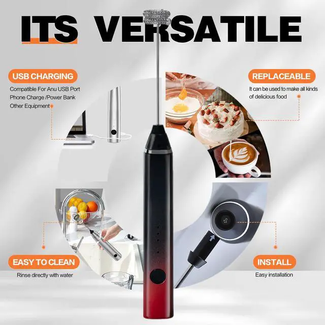 Alt view image 3 of 5 - Milk Frother Rechargeable Handheld Electric Whisk Coffee Frother Mixer with 3 Stainless whisks 3 Speed Adjustable Foam Maker Blender for Coffee Matcha Latte Cappuccino Hot ChocolateBlack Red