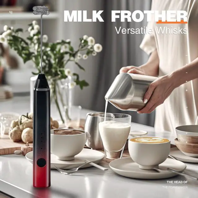 Alt view image 5 of 5 - Milk Frother Rechargeable Handheld Electric Whisk Coffee Frother Mixer with 3 Stainless whisks 3 Speed Adjustable Foam Maker Blender for Coffee Matcha Latte Cappuccino Hot ChocolateBlack Red