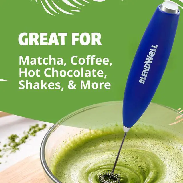 Alt view image 3 of 6 - Electric Milk Frother for Matcha and Coffee, Handheld Battery Operated Drink Mixer with Stand, Stainless Steel Whisk, Blue