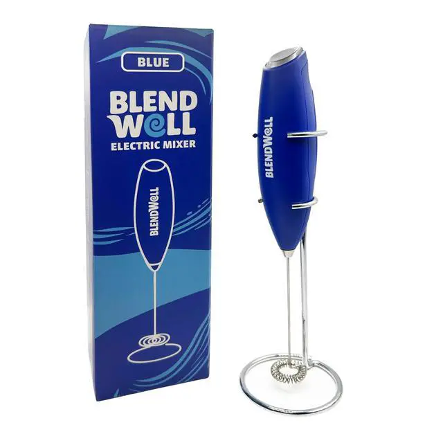 Alt view image 2 of 6 - Electric Milk Frother for Matcha and Coffee, Handheld Battery Operated Drink Mixer with Stand, Stainless Steel Whisk, Blue
