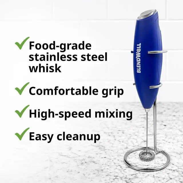 Alt view image 4 of 6 - Electric Milk Frother for Matcha and Coffee, Handheld Battery Operated Drink Mixer with Stand, Stainless Steel Whisk, Blue