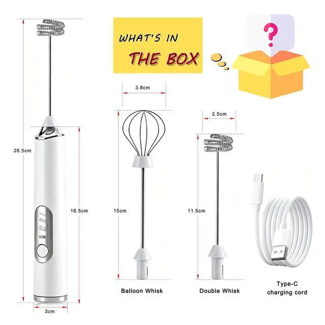 Alt view image 2 of 5 - Milk Frother Handheld, Rechargeable Coffee Frother Wand with 2 Stainless Whisks 3 Speeds, Drink Mixer, Electric Foam Maker, Hand Mixer for Lattes, Cappuccino, Matcha, Egg,