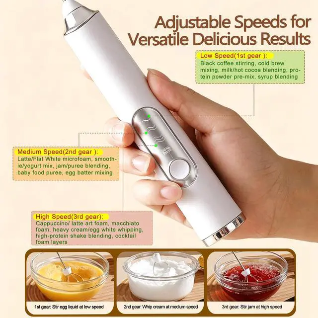 Alt view image 3 of 5 - Milk Frother Handheld, Rechargeable Coffee Frother Wand with 2 Stainless Whisks 3 Speeds, Drink Mixer, Electric Foam Maker, Hand Mixer for Lattes, Cappuccino, Matcha, Egg,