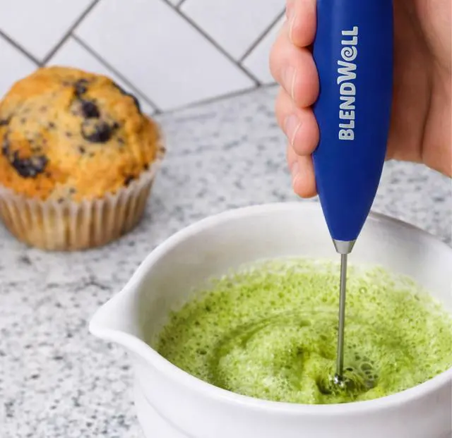 Alt view image 6 of 6 - Electric Milk Frother for Matcha and Coffee, Handheld Battery Operated Drink Mixer with Stand, Stainless Steel Whisk, Blue