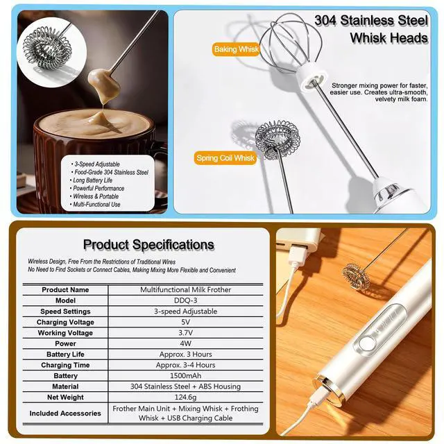 Alt view image 4 of 5 - Milk Frother Handheld, Rechargeable Coffee Frother Wand with 2 Stainless Whisks 3 Speeds, Drink Mixer, Electric Foam Maker, Hand Mixer for Lattes, Cappuccino, Matcha, Egg,