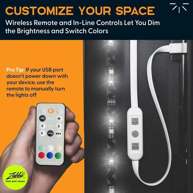 Alt view image 3 of 7 - LED Strip Lights Backlight, USB Light Strips w/Remote for 15 Ambient Color Bias Lighting Options & 10 Brightness Modes, for TV/Computer Decor/Indoor Use, Size (30"-40" TV)