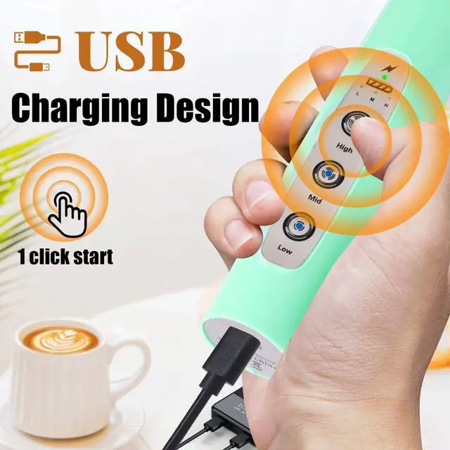 Alt view image 4 of 6 - Baby Blue Milk Frother Wand for Coffee, Frother Handheld Rechargeable Electric Whisk with 3 Heads 3 Speeds Drink Mixer Coffee Frother Foam Maker For Latte, Cappuccino, Hot Chocolate, Egg