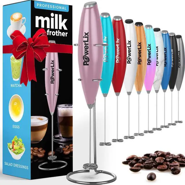 Main image of Milk Frother Handheld Battery Operated Electric Whisk Foam Maker for Coffee, Latte, Cappuccino, Hot Chocolate, Durable Mini Drink Mixer with Stainless Steel Stand Included (Light Pink)