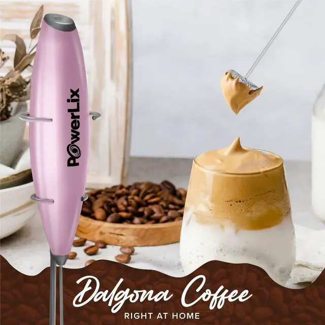 Alt view image 2 of 6 - Milk Frother Handheld Battery Operated Electric Whisk Foam Maker for Coffee, Latte, Cappuccino, Hot Chocolate, Durable Mini Drink Mixer with Stainless Steel Stand Included (Light Pink)