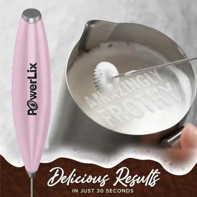 Alt view image 5 of 6 - Milk Frother Handheld Battery Operated Electric Whisk Foam Maker for Coffee, Latte, Cappuccino, Hot Chocolate, Durable Mini Drink Mixer with Stainless Steel Stand Included (Light Pink)