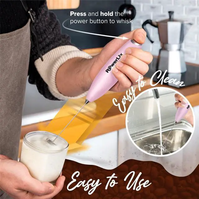 Alt view image 4 of 6 - Milk Frother Handheld Battery Operated Electric Whisk Foam Maker for Coffee, Latte, Cappuccino, Hot Chocolate, Durable Mini Drink Mixer with Stainless Steel Stand Included (Light Pink)