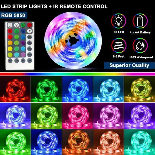 Alt view image 3 of 7 - Battery Powered LED Strip Lights RGB, 60 LED 5050 Color Changing TV Backlights with 28-Key Remote Control, Cuttable Outdoor Strip Lights 6.6 Ft Self-adhesive DIY Lights for Skcteboard Bedroom Decor