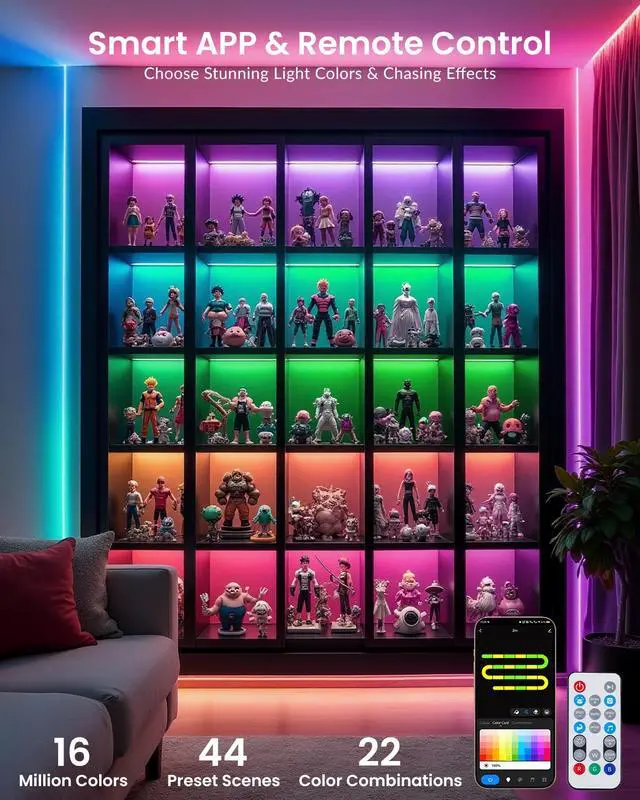 Alt view image 7 of 7 - LED Lights for Bedroom 16.4ft, Smart RGB+IC LED Strip Lights with App/Remote Control, Music Sync Color Changing Flexible LED Lights with 64 Scene Modes for Party, Home, Christmas, Halloween Decor