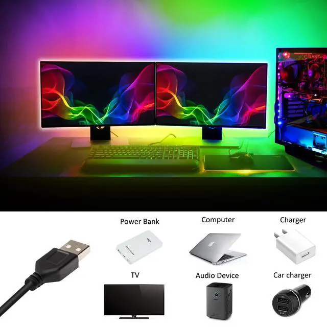 Alt view image 2 of 6 - USB LED Lights Strip 6.56ft Rainbow Chasing 5050 RGB Dream-Color Light with 17-Key Remote Control, Multiple Colors on One Line, Flexible LED Tape Light for Bedroom, TV, PC, Desk, Party Decoration
