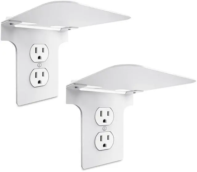 Main image of Metal Outlet Shelf for Duplex Round Outlets, Wall Outlet Organizer with Cord Storage, Bathroom Kitchen Shelf Holder, Easy Install, 2 Pack