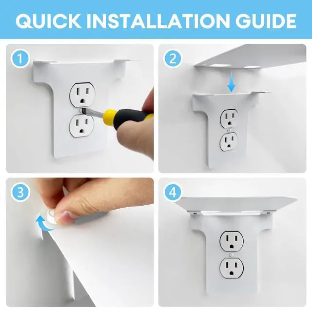 Alt view image 3 of 5 - Metal Outlet Shelf for Duplex Round Outlets, Wall Outlet Organizer with Cord Storage, Bathroom Kitchen Shelf Holder, Easy Install, 2 Pack