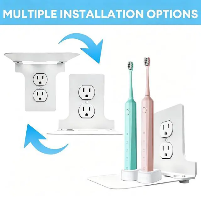 Alt view image 4 of 5 - Metal Outlet Shelf for Duplex Round Outlets, Wall Outlet Organizer with Cord Storage, Bathroom Kitchen Shelf Holder, Easy Install, 2 Pack