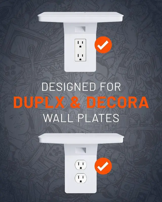 Alt view image 3 of 7 - Wide Outlet Shelf - Next-Gen Design with Built-in Cord Storage & Room for Bulky Plugs - Works with Both Standard & Decora Outlets - Quick Install with Included Hardware