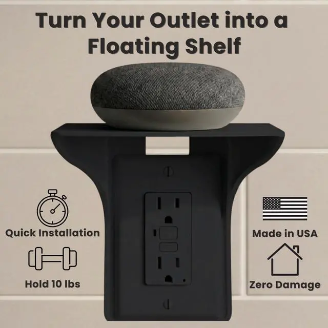 Alt view image 2 of 7 - Power Perch Outlet Shelf Organizer for Alexa Echo Dot, HomePod Mini Speakers, Phone - Wall Outlet Holder with Cord Storage Strap - Socket Shelf Bathroom Kitchen Counter Charging Station - Black 1 Pack