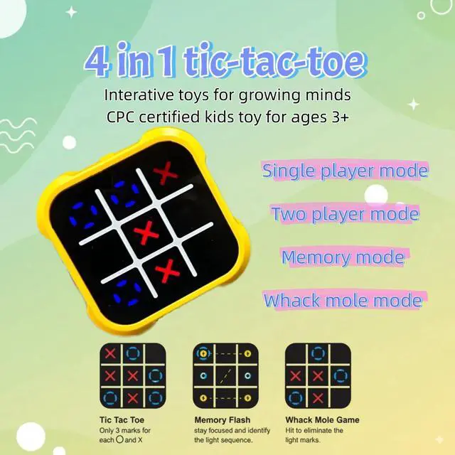 Alt view image 2 of 7 - Rechargeable Electronic Tic Tac Toe Game Handheld , Mute Function, 4 in 1 & 9 Levels Brain Trainer for Ages 3+ ,Solo/2-Player/Memory/Whack-a-Mole , Fast Charge Kids Travel Gift with USB-C Cable