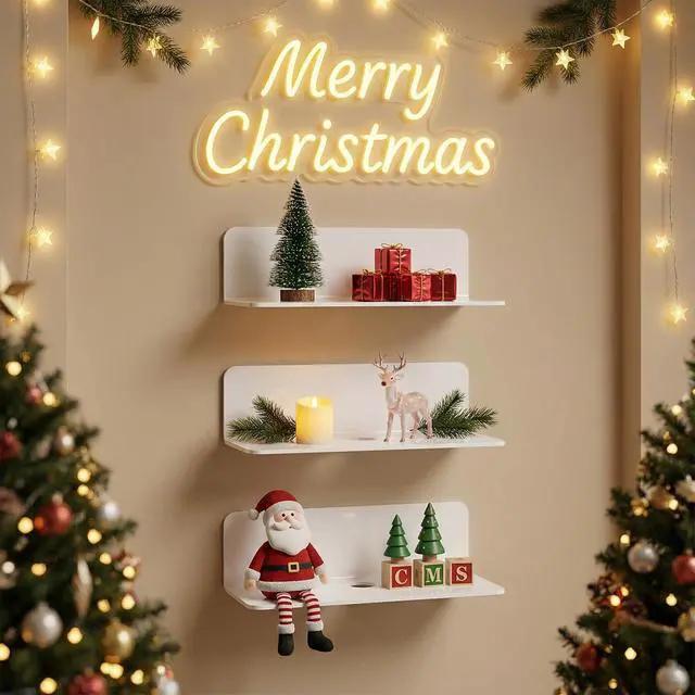 Alt view image 2 of 7 - White Floating Shelves Wall Mounted Set of 2 - Easily Expand Wall Space - Acrylic Hanging Shelves for Bedroom, Gaming Room, Living Room, Bathroom, Office with Cable Clips