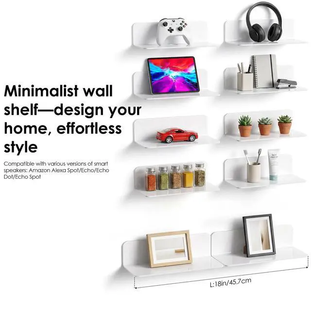Alt view image 6 of 7 - White Floating Shelves Wall Mounted Set of 2 - Easily Expand Wall Space - Acrylic Hanging Shelves for Bedroom, Gaming Room, Living Room, Bathroom, Office with Cable Clips