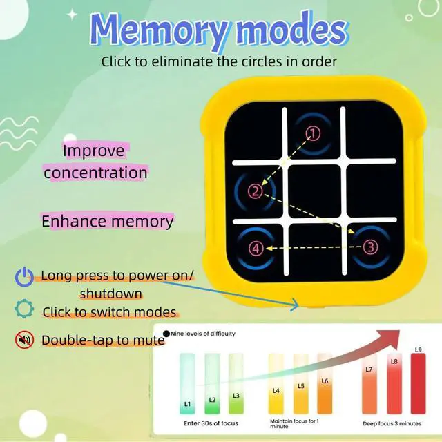Alt view image 5 of 7 - Rechargeable Electronic Tic Tac Toe Game Handheld , Mute Function, 4 in 1 & 9 Levels Brain Trainer for Ages 3+ ,Solo/2-Player/Memory/Whack-a-Mole , Fast Charge Kids Travel Gift with USB-C Cable