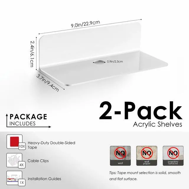 Alt view image 7 of 7 - White Floating Shelves Wall Mounted Set of 2 - Easily Expand Wall Space - Acrylic Hanging Shelves for Bedroom, Gaming Room, Living Room, Bathroom, Office with Cable Clips