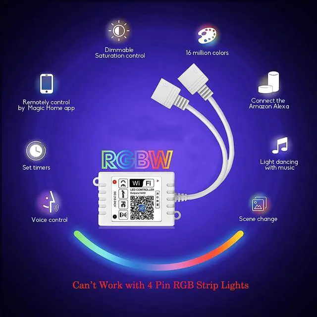 Alt view image 2 of 6 - Smart WiFi RGBW LED Controller 2-Output 5 Pin with 24-Key Remote,Compatible with Alexa&Google Assistant,Voice/APP Control Strip Lights for Android/iOS System(WiFi LED Controller Only)