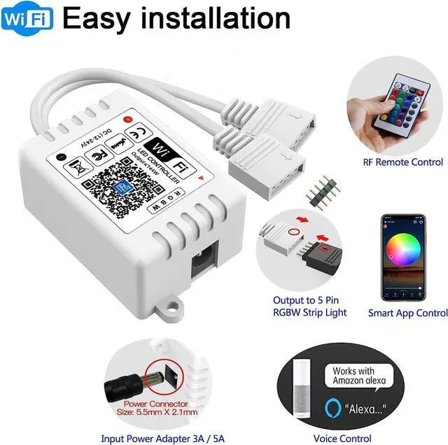 Alt view image 3 of 6 - Smart WiFi RGBW LED Controller 2-Output 5 Pin with 24-Key Remote,Compatible with Alexa&Google Assistant,Voice/APP Control Strip Lights for Android/iOS System(WiFi LED Controller Only)