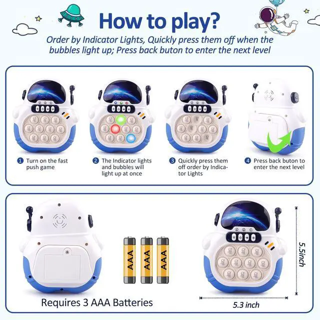 Alt view image 4 of 6 - Fast Push Fidget Toy - Handheld Light Up Sensory Puzzle Game for Kids, Birthday & Easter Gift for Boys Girls Ages 3-12 (Blue-Astronaut)