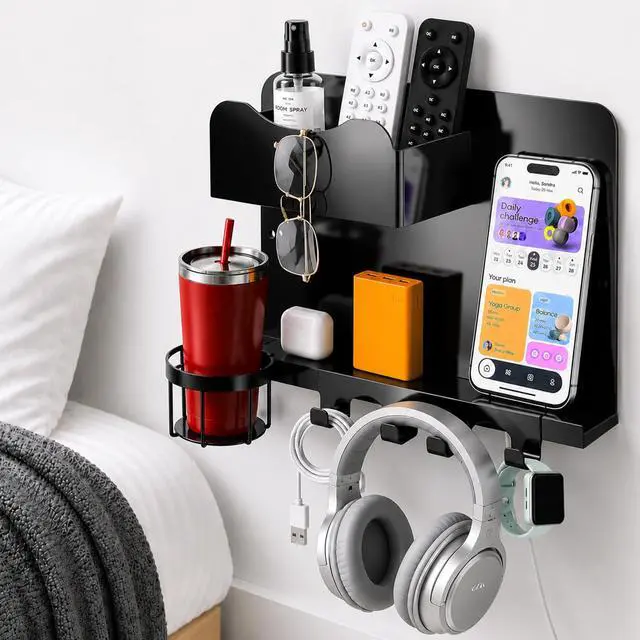 Main image of Metal Bedside Wall Shelf, No Drill Floating Bedside Shelf Wall Organizer