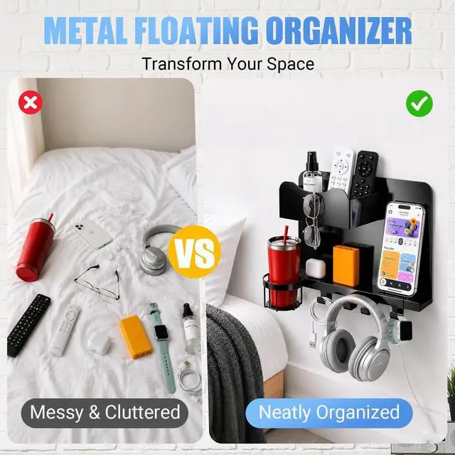 Alt view image 4 of 7 - Metal Bedside Wall Shelf, No Drill Floating Bedside Shelf Wall Organizer