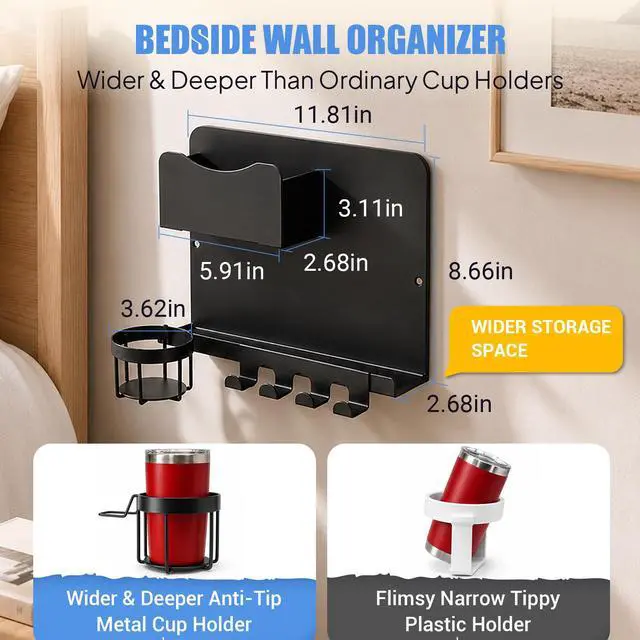 Alt view image 5 of 7 - Metal Bedside Wall Shelf, No Drill Floating Bedside Shelf Wall Organizer