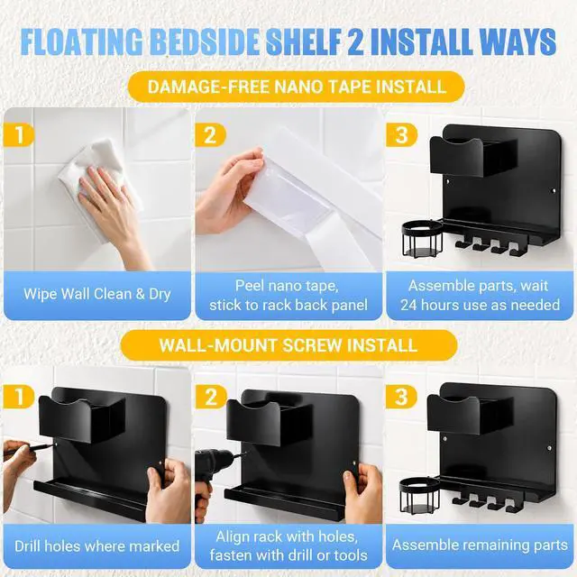 Alt view image 6 of 7 - Metal Bedside Wall Shelf, No Drill Floating Bedside Shelf Wall Organizer