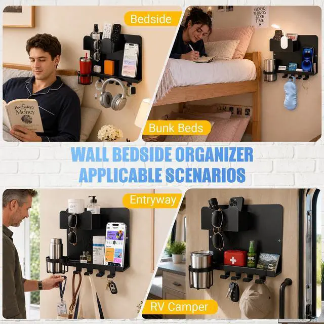 Alt view image 7 of 7 - Metal Bedside Wall Shelf, No Drill Floating Bedside Shelf Wall Organizer
