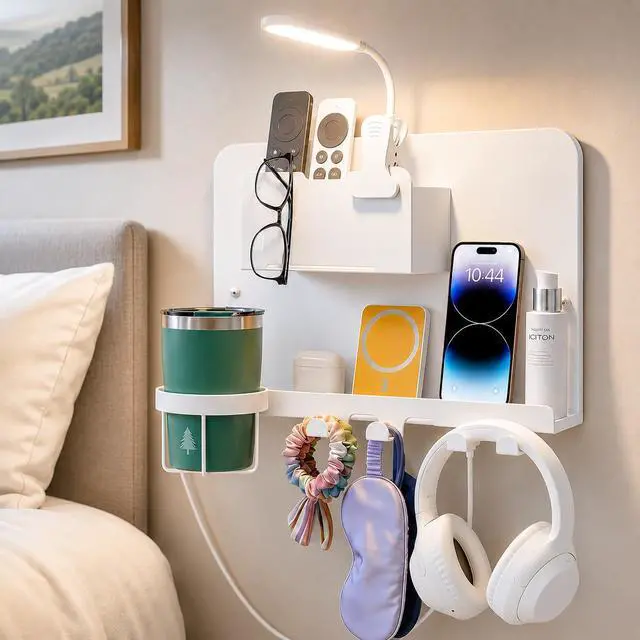 Main image of Floating Bedside Wall Shelf, Metal Bedside Wall Organizer with Detachable Cup Holder, No Drill Wall Mounted Storage for Bedroom, Dorm, Loft Bed, Bunk Bed & Small Space Organization