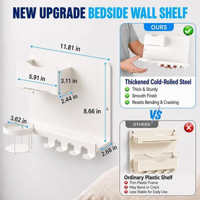 Alt view image 3 of 7 - Floating Bedside Wall Shelf, Metal Bedside Wall Organizer with Detachable Cup Holder, No Drill Wall Mounted Storage for Bedroom, Dorm, Loft Bed, Bunk Bed & Small Space Organization