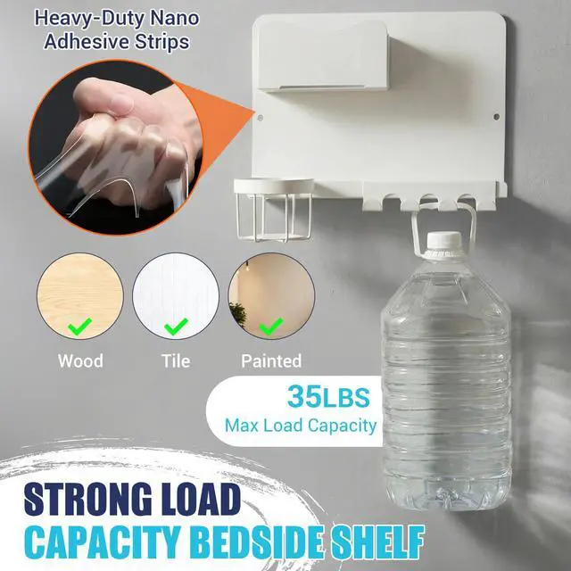 Alt view image 2 of 7 - Floating Bedside Wall Shelf, Metal Bedside Wall Organizer with Detachable Cup Holder, No Drill Wall Mounted Storage for Bedroom, Dorm, Loft Bed, Bunk Bed & Small Space Organization
