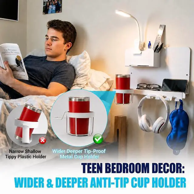 Alt view image 4 of 7 - Floating Bedside Wall Shelf, Metal Bedside Wall Organizer with Detachable Cup Holder, No Drill Wall Mounted Storage for Bedroom, Dorm, Loft Bed, Bunk Bed & Small Space Organization