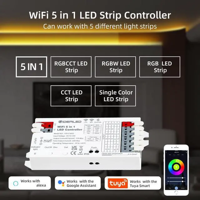 Alt view image 2 of 6 - Smart 5 in 1 WiFi LED Controller RGBWW for Strip Lights RGBCCT RGBW RGB CCT and 5 White Strips,Work with Alexa/Google Assistant,APP/Voice Control Color Change Dimming(Only a WiFi Controller)